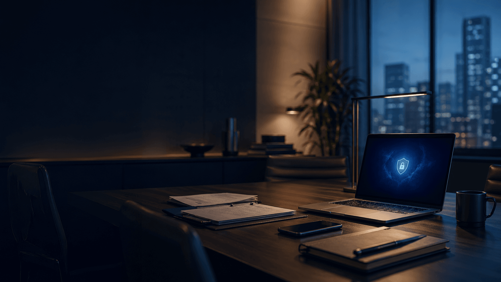 Boardroom desk at dusk with a laptop showing a security shield, signed documents, and a city skyline through the window